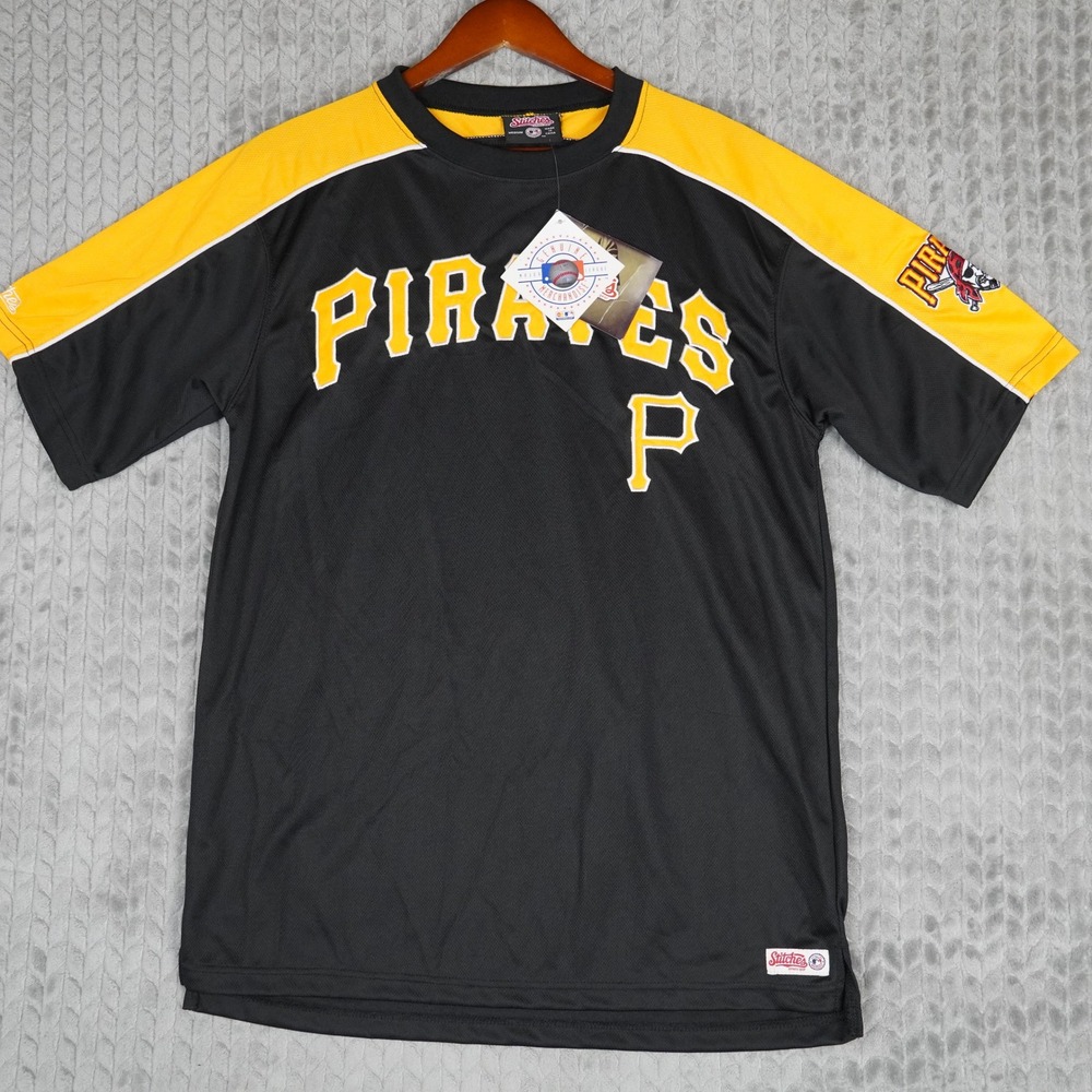 Stitches Pirates Jersey Mens Medium Black Gold MLB Baseball Mesh Athletic Shirt